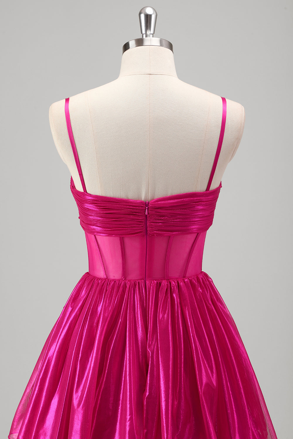Glitrende En linje Fuchsia Korset Lagdelt Spaghetti Stropper Metallisk Gallakjole