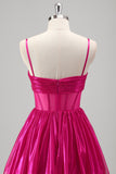 Glitrende En linje Fuchsia Korset Lagdelt Spaghetti Stropper Metallisk Gallakjole