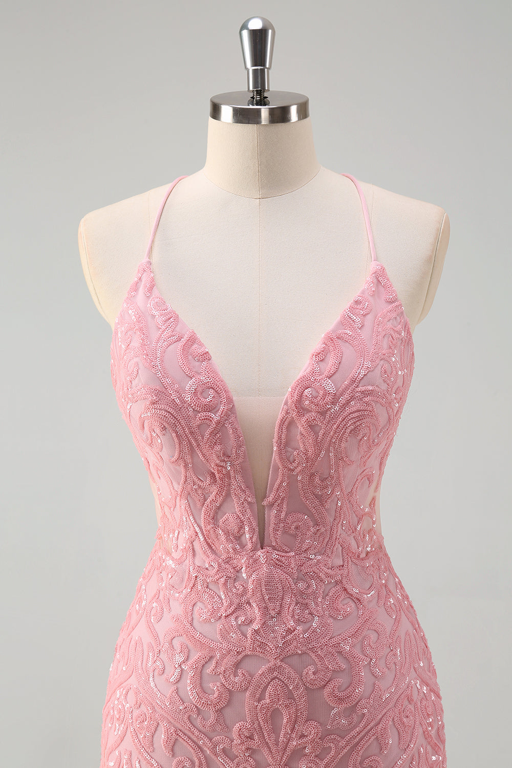 Glitrende Pink Havfrue Spaghetti stropper Pailletter Lang Gallakjole med Fjer