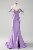 Glitrende lilla havfrue kold skulder kvaster satin beaded lang gallakjole med slids