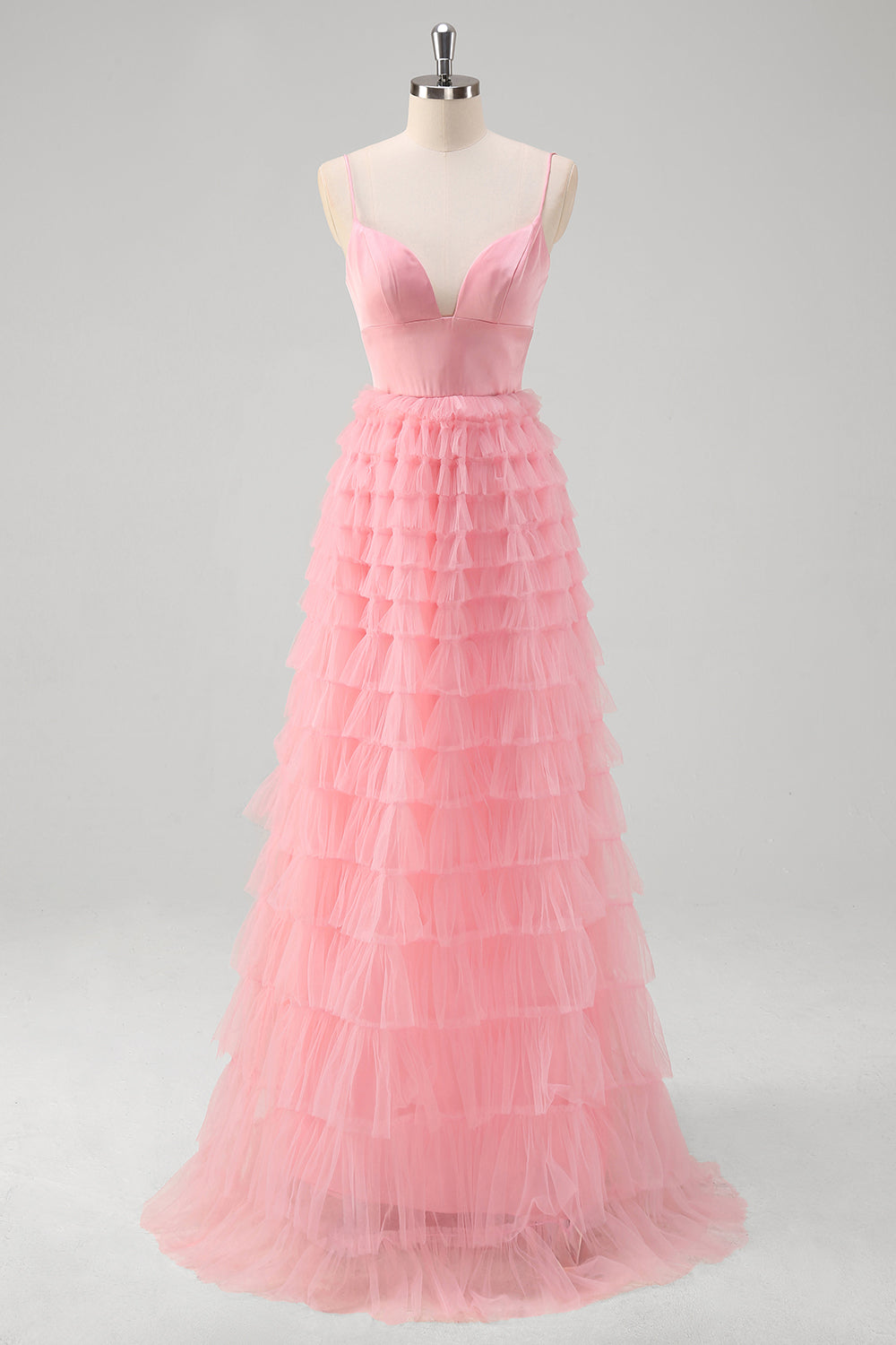 Pink A Line Spaghetti stropper Tyl Tiered Lang Gallakjole