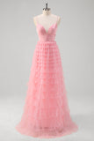 Pink A Line Spaghetti stropper Tyl Tiered Lang Gallakjole