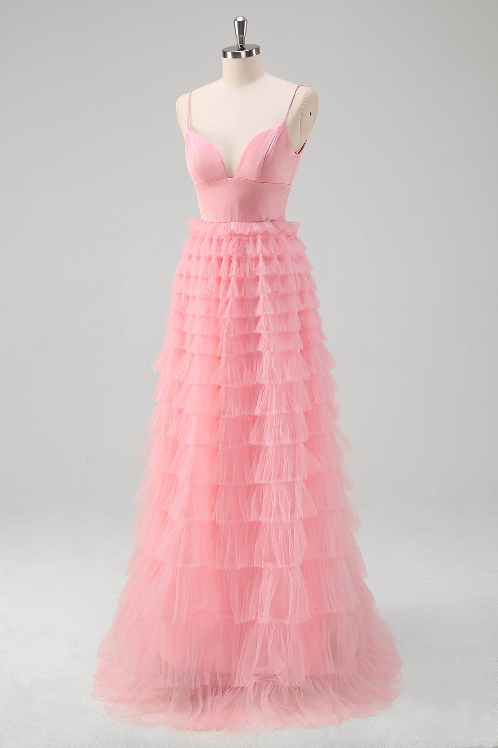 Pink A Line Spaghetti stropper Tyl Tiered Lang Gallakjole