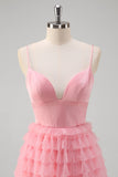 Pink A Line Spaghetti stropper Tyl Tiered Lang Gallakjole
