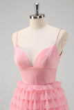 Pink A Line Spaghetti stropper Tyl Tiered Lang Gallakjole