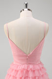 Pink A Line Spaghetti stropper Tyl Tiered Lang Gallakjole