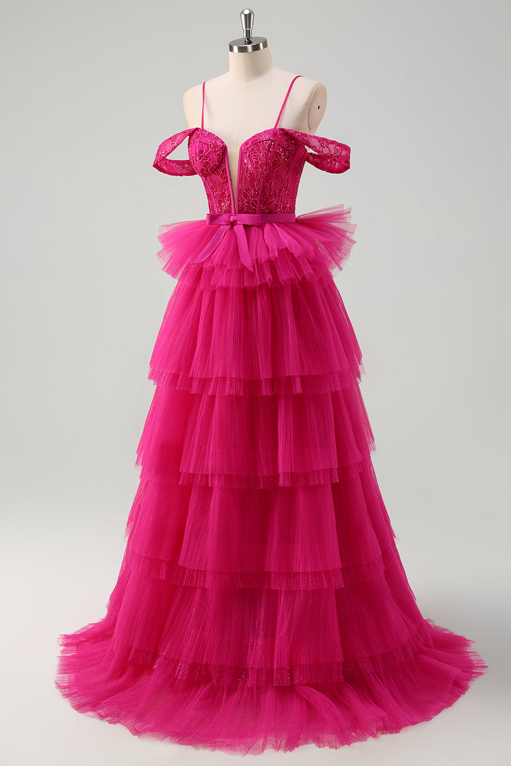 Hot Pink Cold Shoulder A-Line Tyl Tiered Lang Gallakjole med Appliques