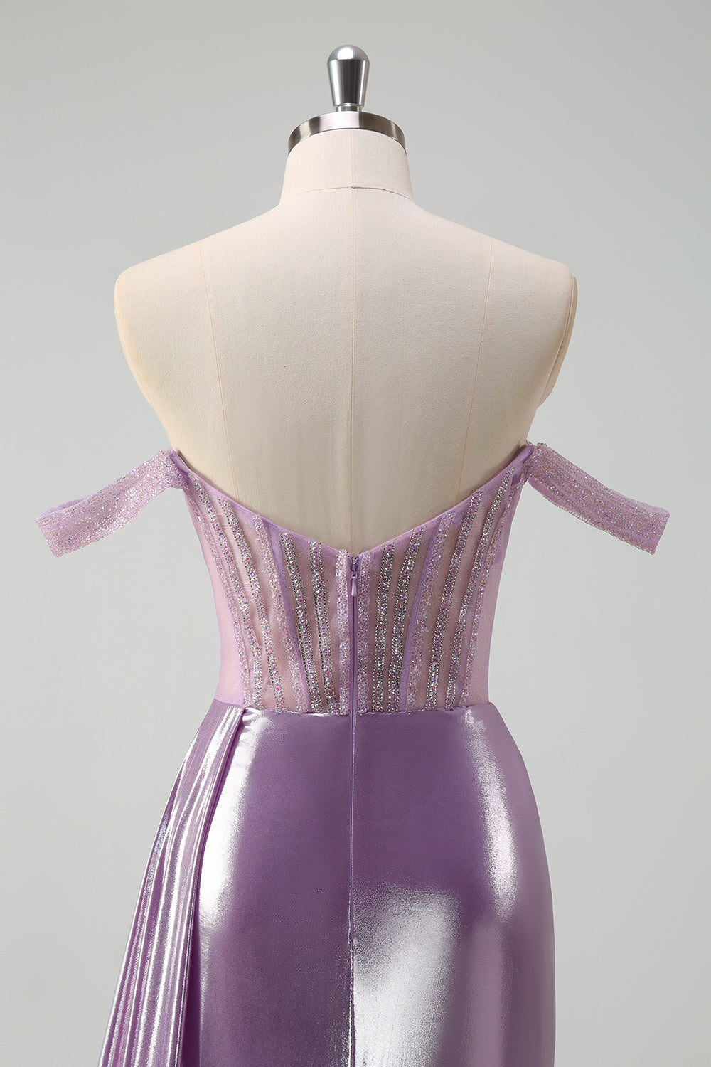 Lys Lilla Off The Shoulder Watteau Train Havfrue Korset Metallisk Gallakjole