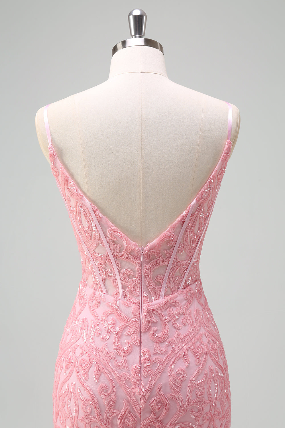 Glitrende lyserød havfrue v-hals korset paillet balkjole med slids