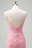 Glitrende lyserød havfrue v-hals korset paillet balkjole med slids
