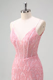 Glitrende lyserød havfrue v-hals korset paillet balkjole med slids