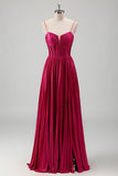 Fuchsia A Line Spaghetti stropper Korset plisseret bal kjole med blonder op tilbage