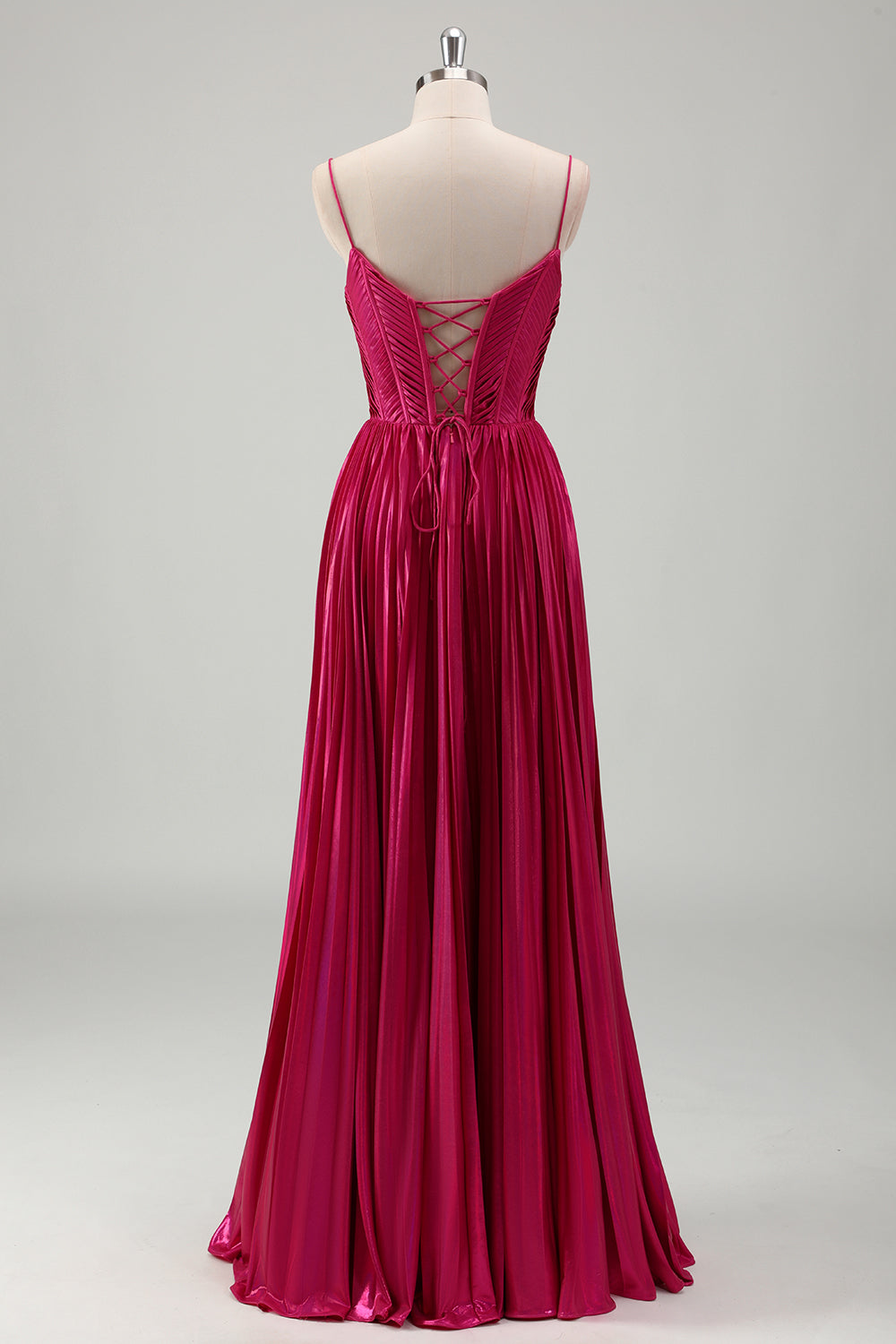 Fuchsia A Line Spaghetti stropper Korset plisseret bal kjole med blonder op tilbage