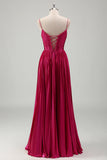 Fuchsia A Line Spaghetti stropper Korset plisseret bal kjole med blonder op tilbage