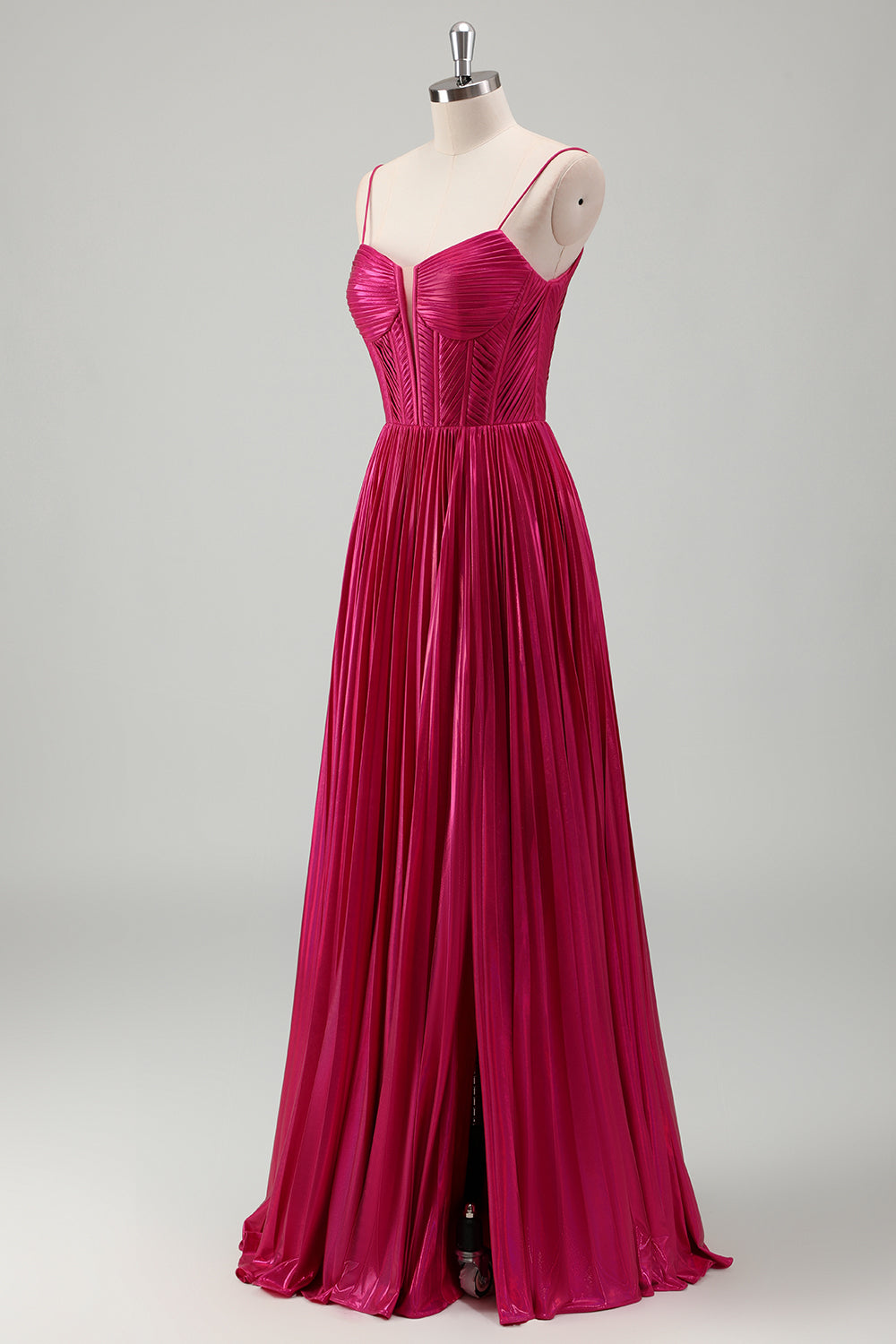 Fuchsia A Line Spaghetti stropper Korset plisseret bal kjole med blonder op tilbage