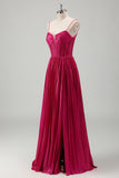 Fuchsia A Line Spaghetti stropper Korset plisseret bal kjole med blonder op tilbage