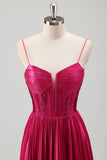 Fuchsia A Line Spaghetti stropper Korset plisseret bal kjole med blonder op tilbage