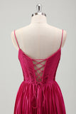Fuchsia A Line Spaghetti stropper Korset plisseret bal kjole med blonder op tilbage