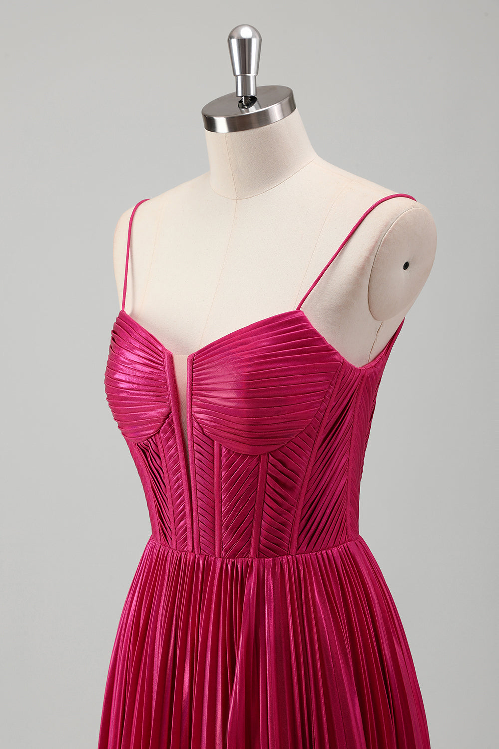 Fuchsia A Line Spaghetti stropper Korset plisseret bal kjole med blonder op tilbage