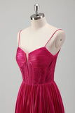 Fuchsia A Line Spaghetti stropper Korset plisseret bal kjole med blonder op tilbage