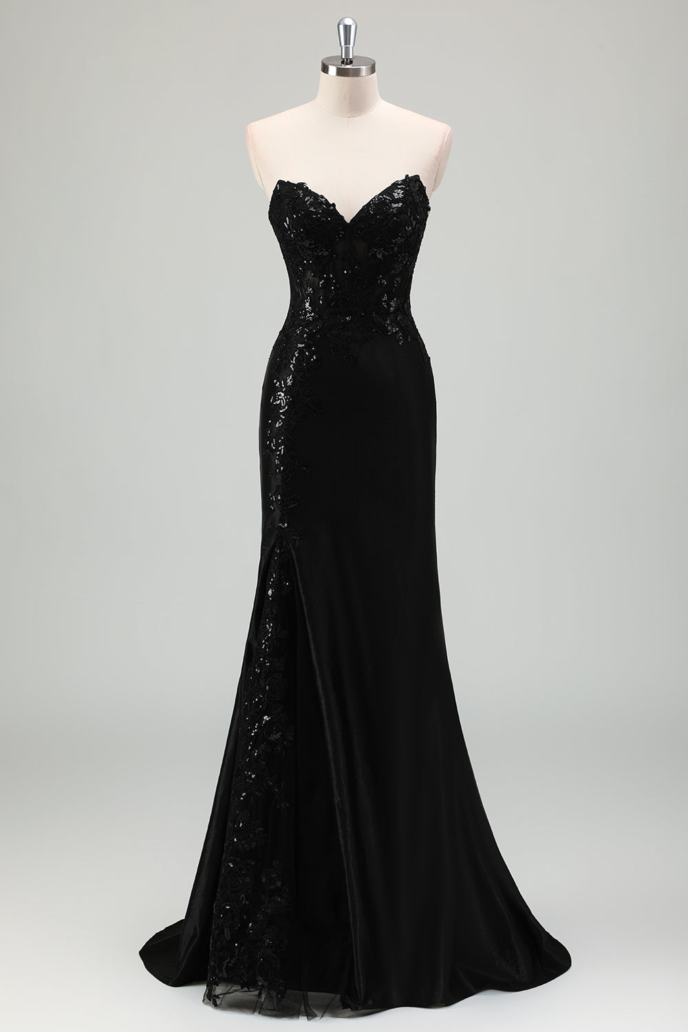 Glitrende sort havfrue stropløs korset applikerede lange gallakjole med slids