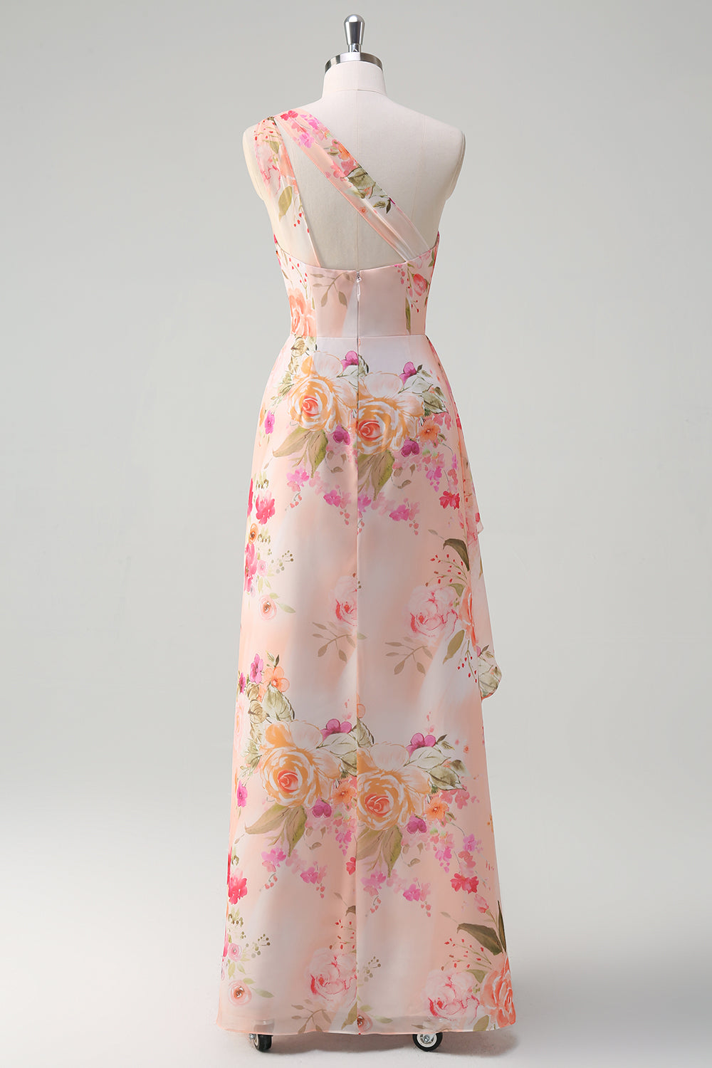 Fersken Floral En Skulder Ærmeløs Print Lang Gallakjole