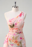 Pink Floral One Shoulder Long Prom Kjole Med Slids