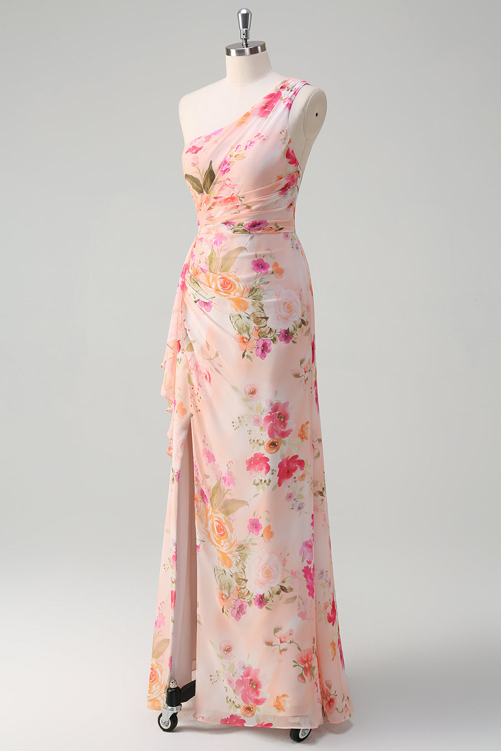 Pink Floral One Shoulder Long Prom Kjole Med Slids