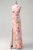 Pink Floral One Shoulder Long Prom Kjole Med Slids