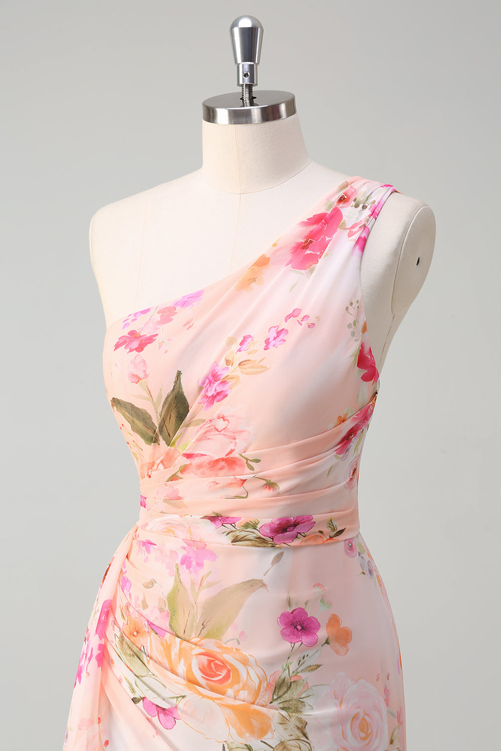Pink Floral One Shoulder Long Prom Kjole Med Slids