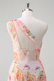 Pink Floral One Shoulder Long Prom Kjole Med Slids