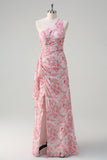 Pink Floral One Shoulder Long Prom Kjole Med Slids