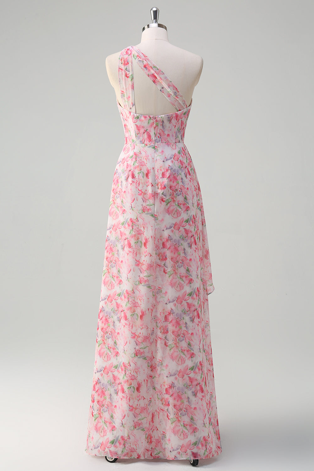 Pink Floral One Shoulder Long Prom Kjole Med Slids