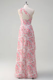 Pink Floral One Shoulder Long Prom Kjole Med Slids