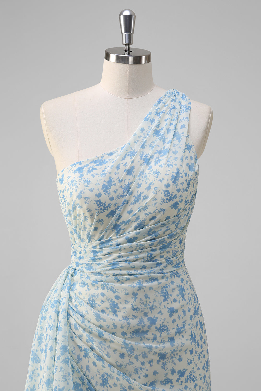 Hvid Blå Blomst En Skulder Brudepige Kjole med Slids