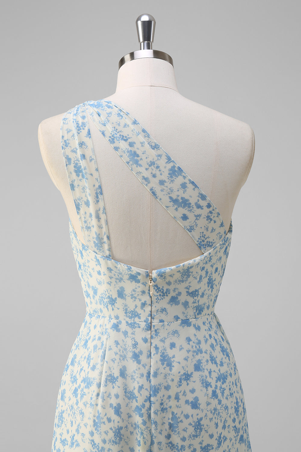 Hvid Blå Blomst En Skulder Brudepige Kjole med Slids