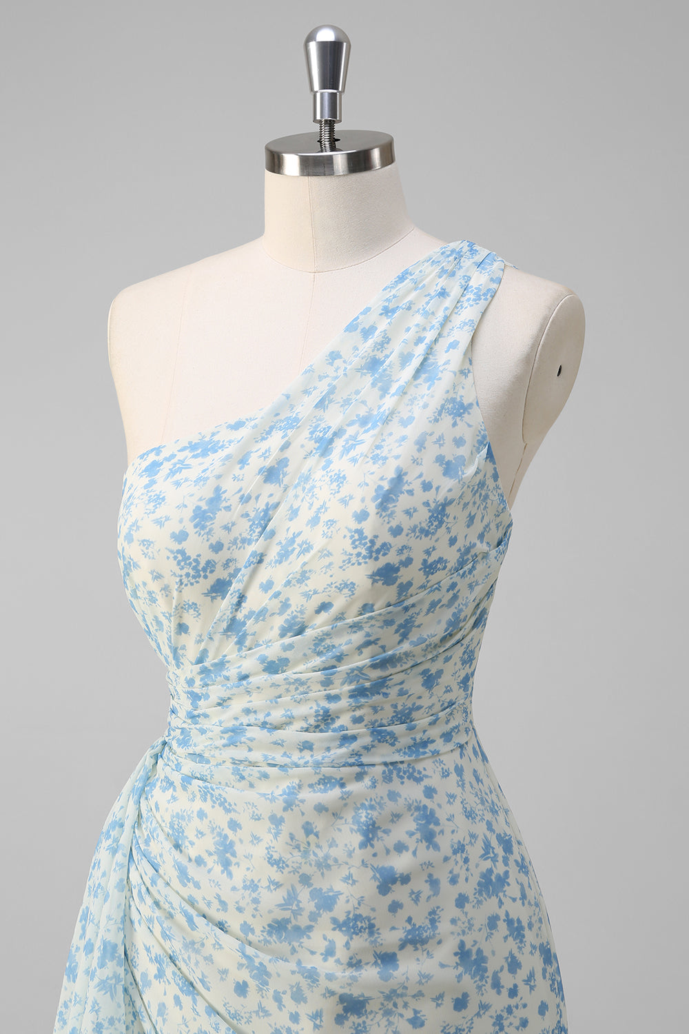 Hvid Blå Blomst En Skulder Brudepige Kjole med Slids