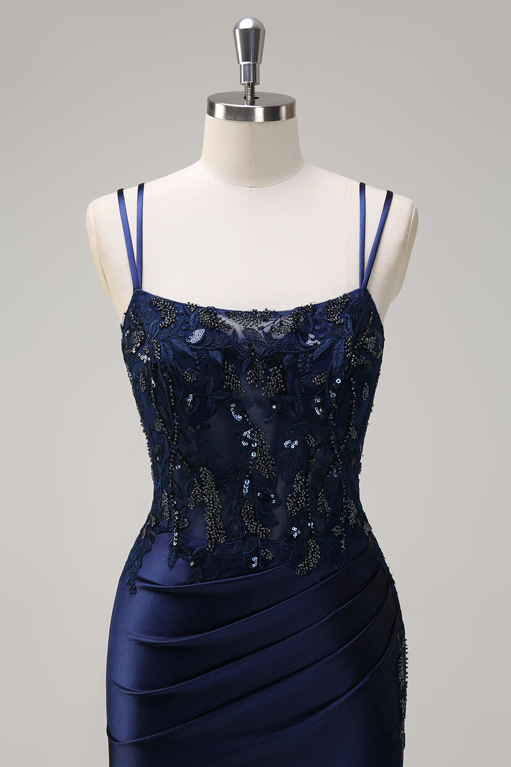 Navy Havfrue Spaghetti Stropper Korset Ruched Lang Gallakjole Med Slids