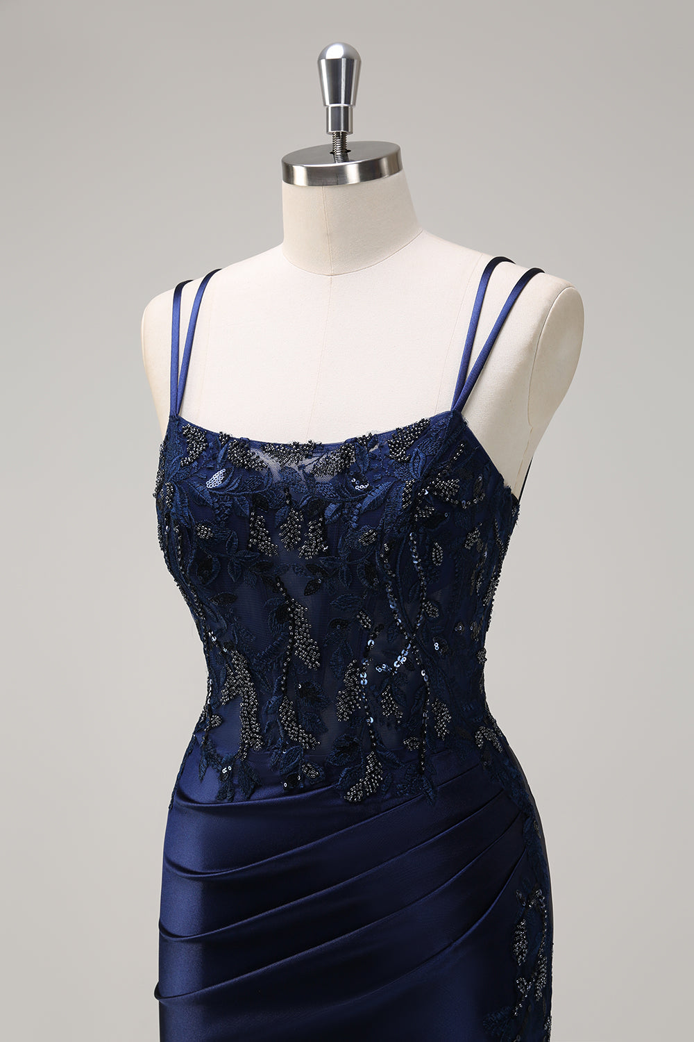 Navy Havfrue Spaghetti Stropper Korset Ruched Lang Gallakjole Med Slids