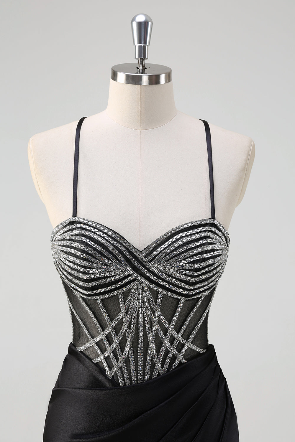 Glitrende sort havfrue halterneck beaded lang balkjole med slids