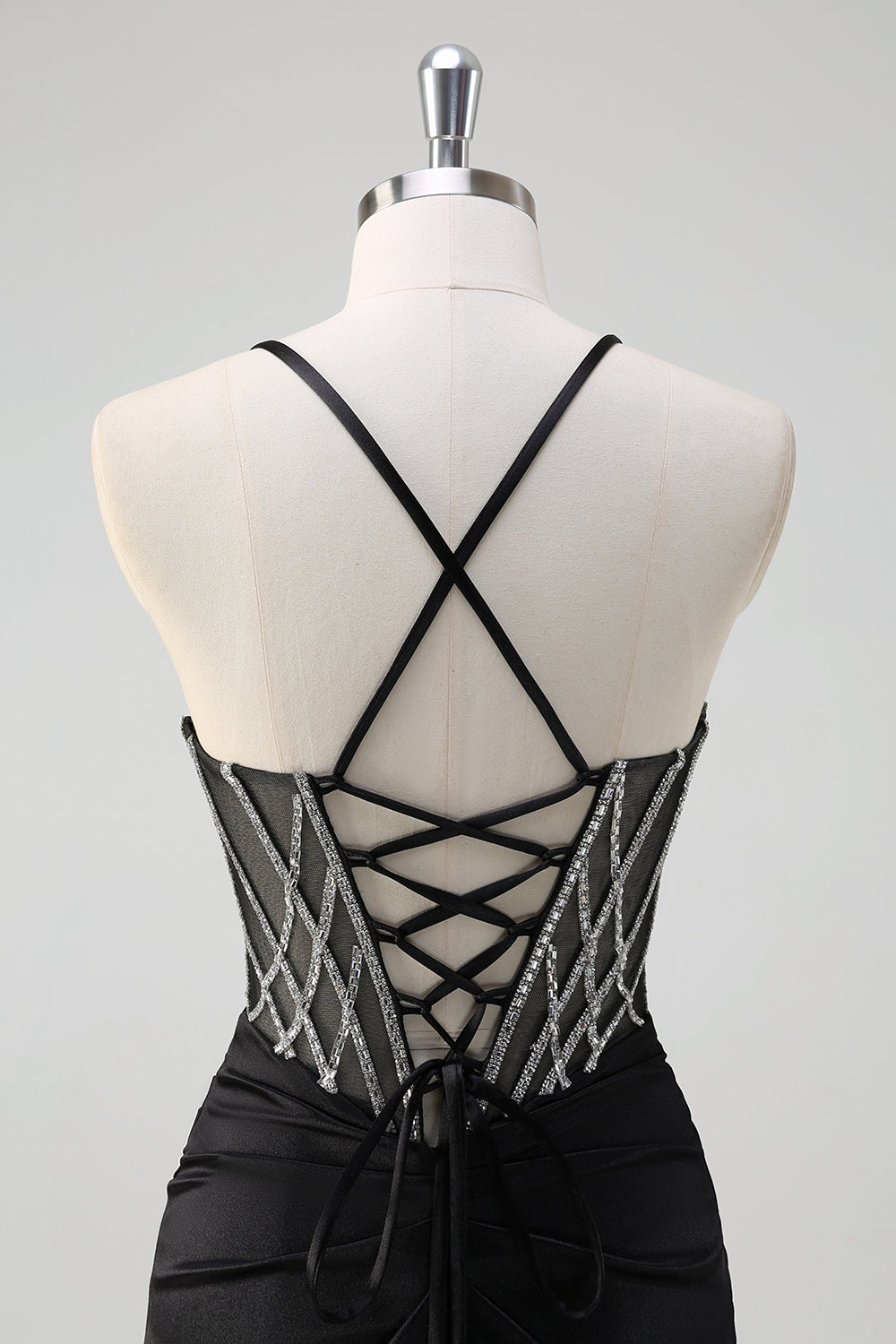 Glitrende sort havfrue halterneck beaded lang balkjole med slids