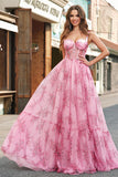 Blush Floral A Line Spaghetti Stropper Plisseret Korset Gallakjole