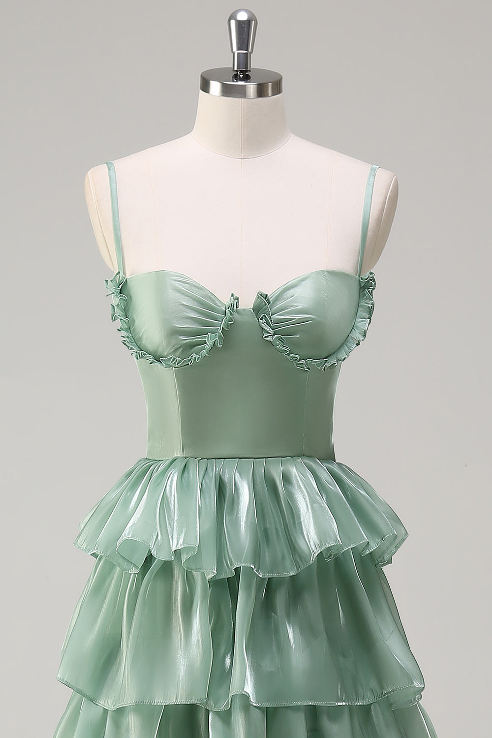 Støvet salvie A Line Spaghetti Stropper Ruffled Lang brudepige Kjole Slids