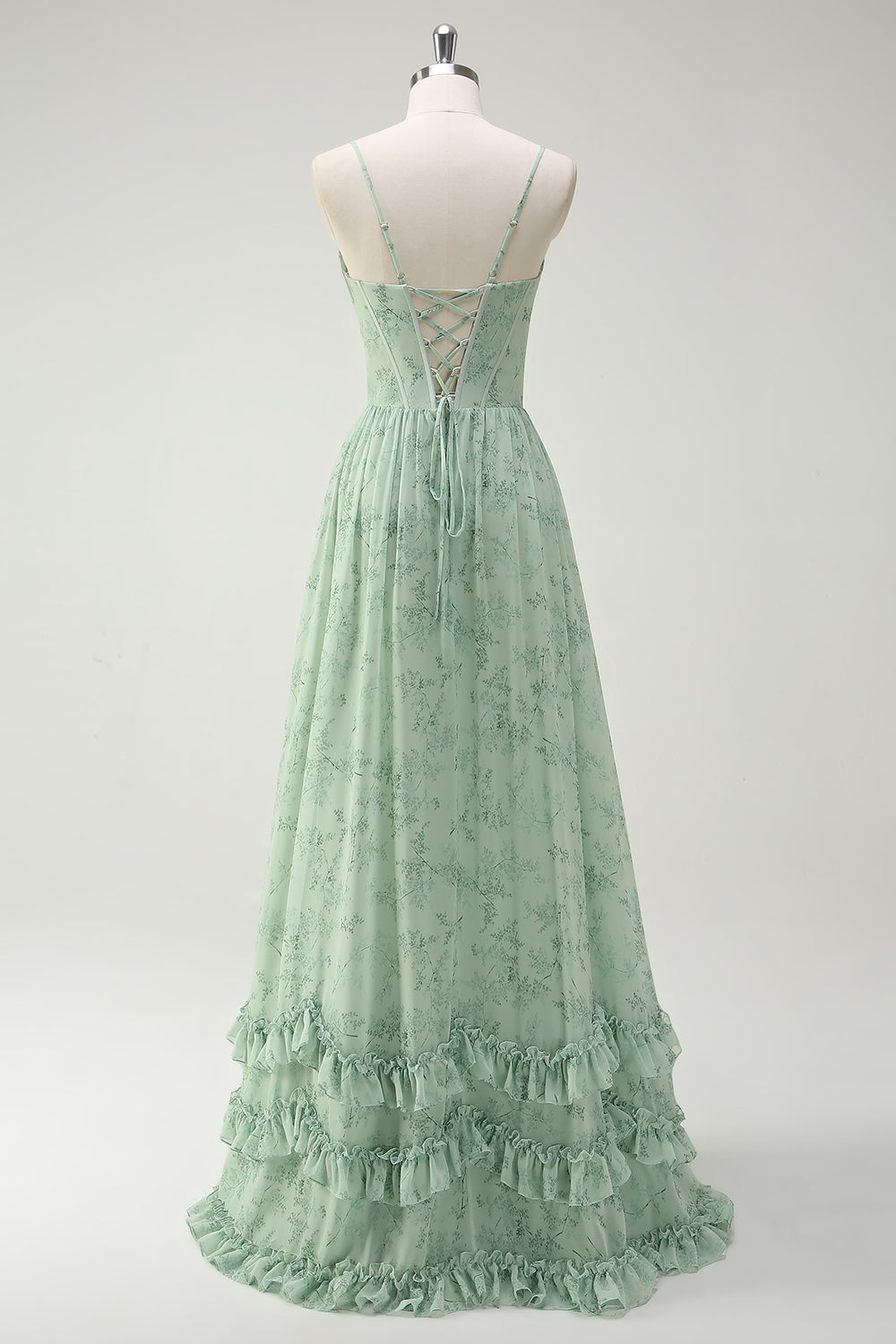 grønne blomster A-linje Spaghetti stropper Print lang brudepigekjole med slids
