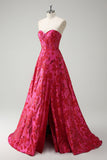 Fuchsia Floral Jacquard Sweetheart Prinsesse Lang Korset Gallakjole med Slids