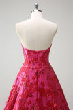 Fuchsia Floral Jacquard Sweetheart Prinsesse Lang Korset Gallakjole med Slids