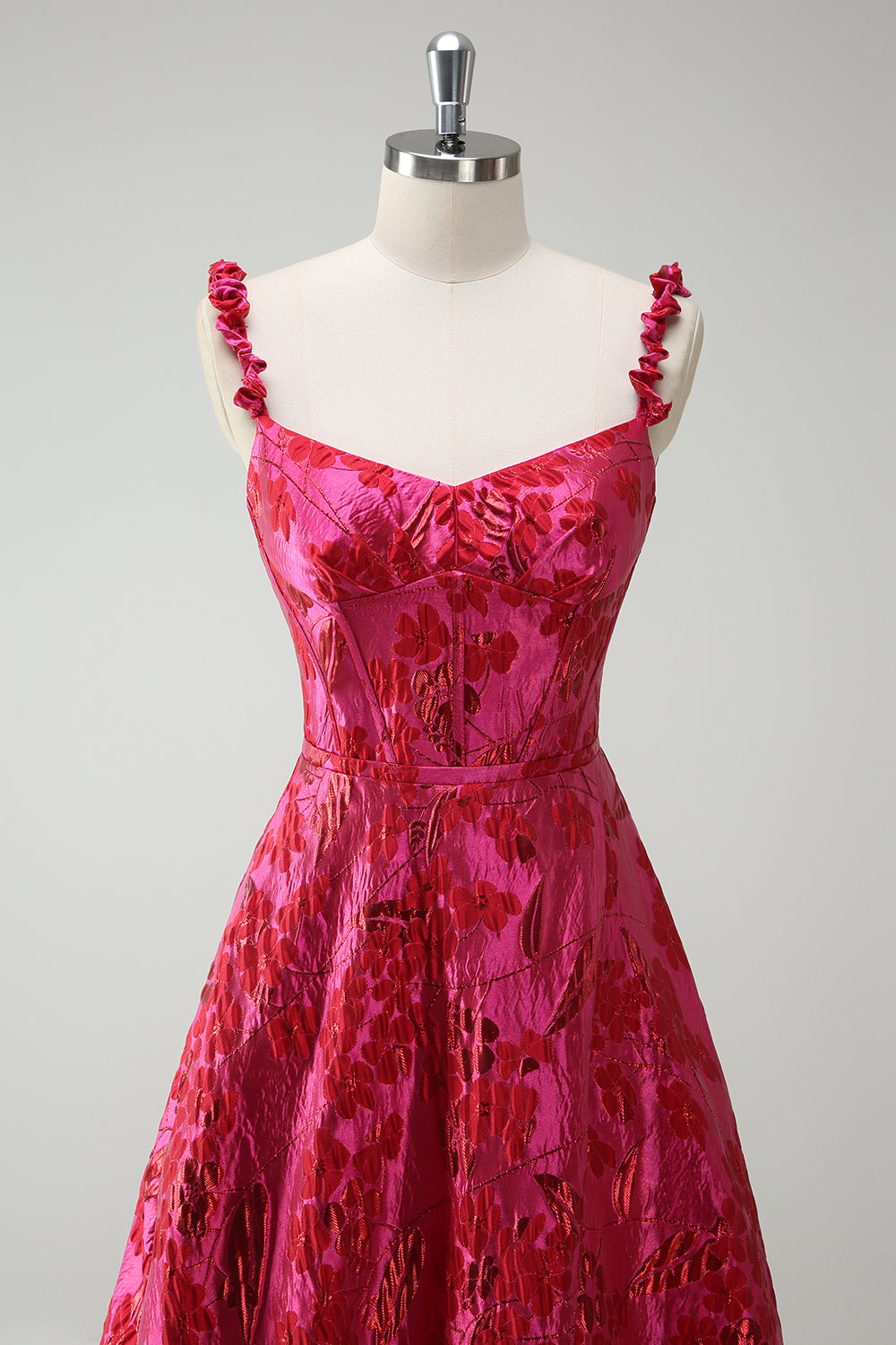 Fuchsia A-linje Spaghetti stropper blomster Jacquard lang balkjole med slids