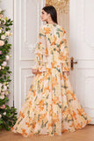 Gul Floral Chiffon A-linje V-hals Langærmet Lang Gallakjole