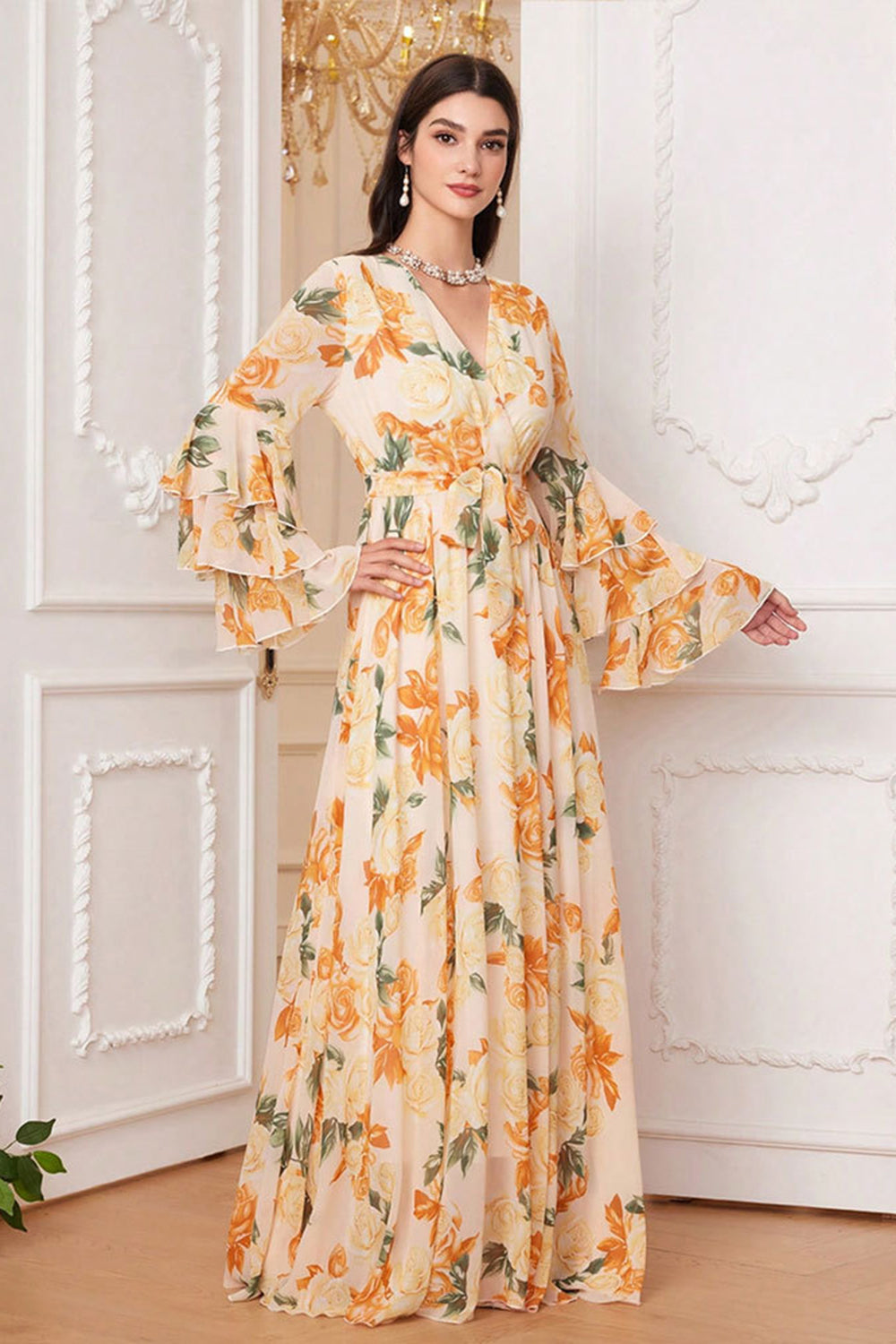 Gul Floral Chiffon A-linje V-hals Langærmet Lang Gallakjole