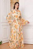 Gul Floral Chiffon A-linje V-hals Langærmet Lang Gallakjole